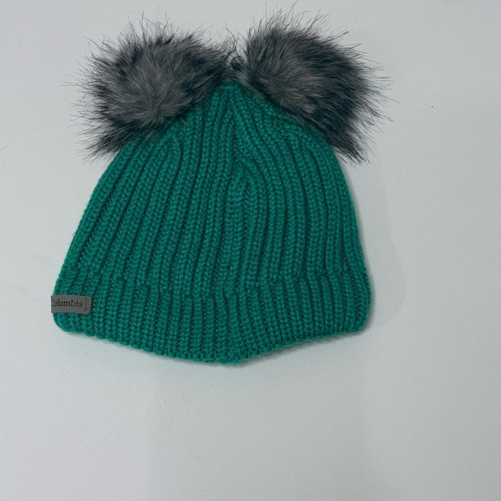 Columbia Teal Knit Kids Hat with Faux Fur Pom Poms